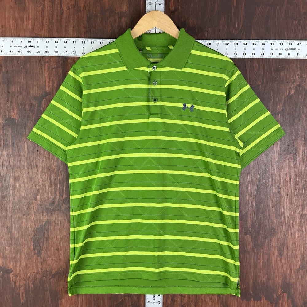 Under Armour Heat Gear Stretch Performance Polo Striped Shirt Green Men's Medium